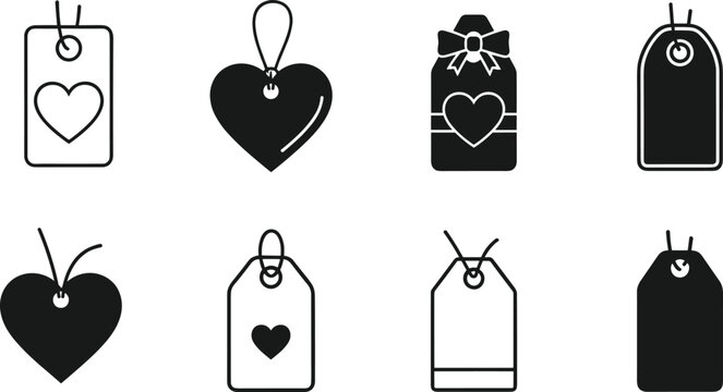 Valentine&rsquo;s Day heart gift tags collection with romantic labels, love symbols, decorative icons, strings, bows, affection celebration vector design