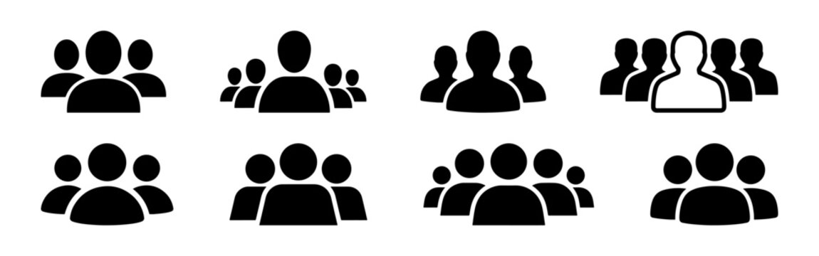 A set of black silhouette icons depicting groups of people, representing users, teams, and community. Ideal for user interface, social networking, and collaboration designs