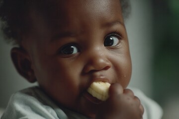 African american baby learning to eat solid food, holding and chewing a banana