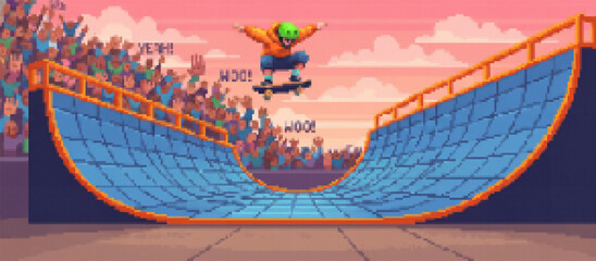 A vibrant pixel art scene featuring a skateboarder mid-air during a night competition, with a cheering crowd, city skyline, and bright stadium lights © drawing lines