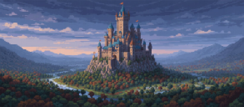 Majestic pixel art castle with blue spires atop a forested hill, overlooking an autumn valley with a winding river and distant mountains under a serene dusk sky