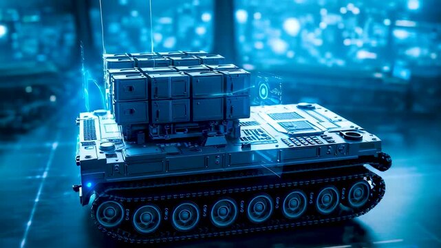 Autonomous tracked military cargo vehicle with armored transport platform, digital navigation systems and advanced logistics technology