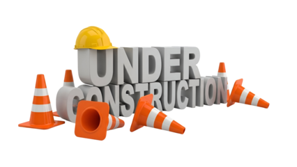 3 D Under Construction Sign with Traffic Cones and Hard Hat
