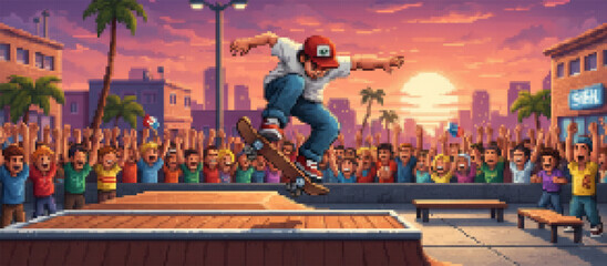 A vibrant pixel art scene featuring a skateboarder mid-air during a night competition, with a cheering crowd, city skyline, and bright stadium lights © drawing lines
