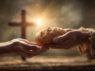 Jesus hands offering simple bread to another person