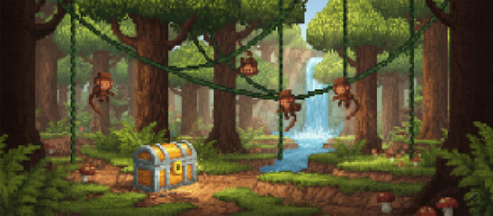 Vibrant pixel art of a lush jungle scene with playful monkeys swinging on vines, a hidden treasure chest on a path, and a serene waterfall flowing in the background
