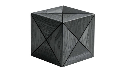 Geometric wooden cube with triangular facets, dark grain, and sharp lines
