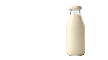 Fresh glass bottle of milk with a beige cap on transparent background. on transparent background
