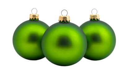 Three glossy green Christmas ornaments with gold caps, isolated on a black background (1)