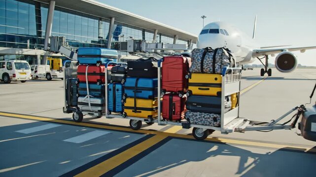 Airport worker drives baggage cart loaded with colorful luggage towards airplane on sunny day tarmac