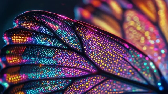 Close-up of colorful glittering neon butterfly wings footage