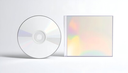 A reflective CD placed beside a transparent case displaying iridescent colors on its surface