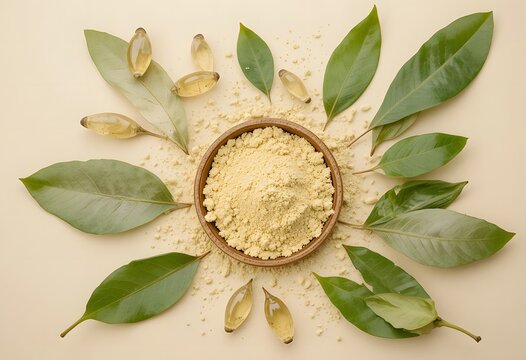 Herbal powder in wooden bowl surrounded by fresh green leaves and natural oil capsules. banaba