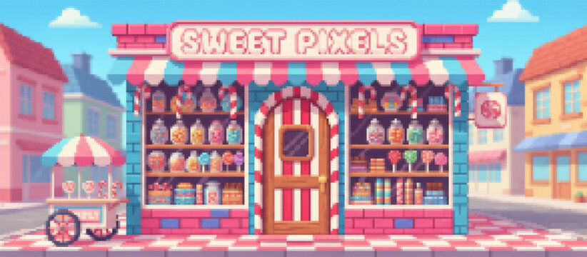 Vibrant pixel art candy shop showcasing shelves of colorful sweets in jars, adorned with large candy canes