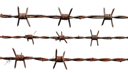 Three rows of rusty barbed wire against a black backdrop. Close up, detailed view