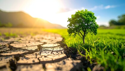 A solitary tree stands on cracked earth, basking in sunlight amidst a lush green landscape