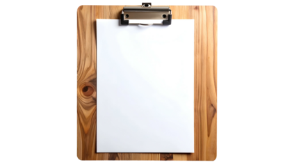 A white sheet of paper clipped to a wooden clipboard, viewed from above