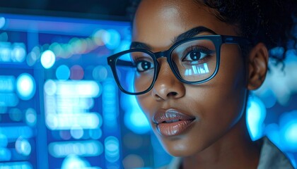 A focused individual with glasses gazes intently amidst a vibrant, digital backdrop displaying data