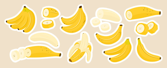 Banana sticker set in flat style. Yellow ripe bananas, peeled fruit and sliced pieces with white outline. Fun tropical food stickers for packaging, prints.