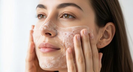 Close-up of a young woman with clean skin and foamy cleanser massaging her face in a bright, minimalist bathroom.