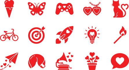 Red silhouette romantic icons featuring ice cream butterfly controller locket cat bike target rocket light bulb match paper plane fortune cookie gramophone plant and message bubble with heart motifs © Unique Texture