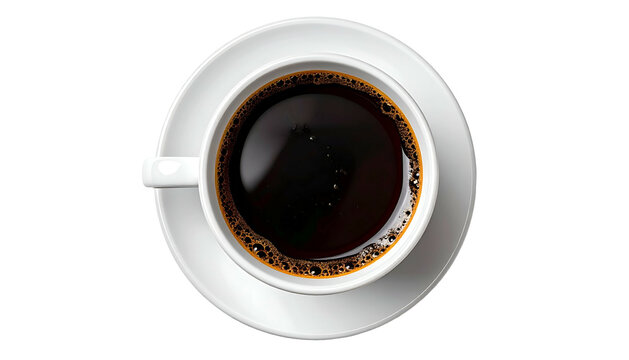 Overhead view of a white ceramic coffee cup filled with dark coffee, on a saucer (1)
