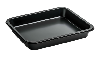 A glossy, empty, rectangular black baking pan against a dark background, angled