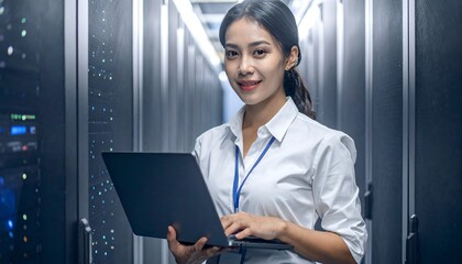 A young woman in a server room using a laptop, smiling confidently amidst the technology