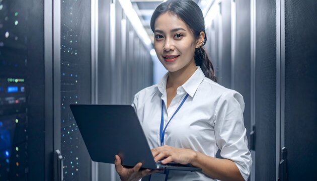 A young woman in a server room using a laptop, smiling confidently amidst the technology - Powered by Adobe