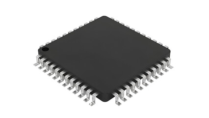 Gray square microchip with multiple pins on black background