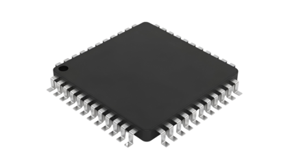 Gray square microchip with multiple pins on black background