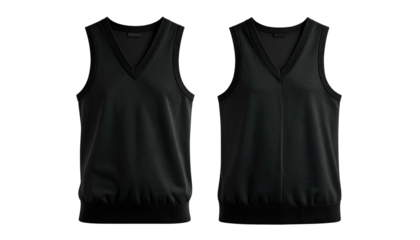 Two black V-neck sleeveless shirts with elastic waistbands, displayed on a black background