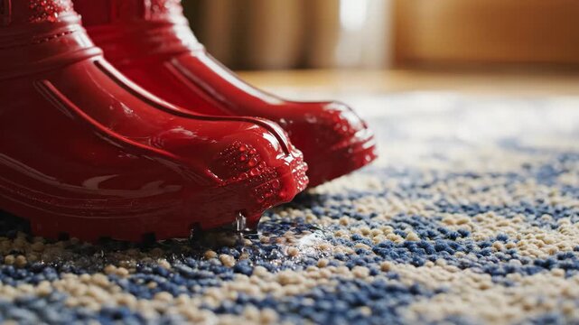 Water pouring over red waterproof rubber boots in slow motion. Close-up of wet footwear dripping onto a durable rug. Testing waterproof and stain-resistant materials