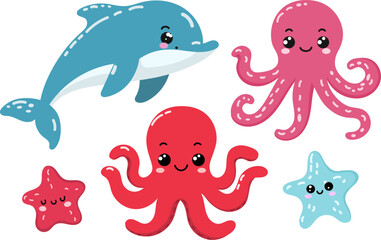 Fototapeta premium Cute sea animals vector illustration set with kawaii dolphin, octopus and starfish, funny marine characters clipart isolated on white background
