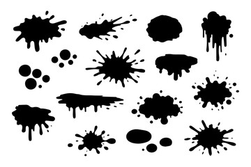Black Ink Blot Drops and Splash Shapes on White Background, Vector Style