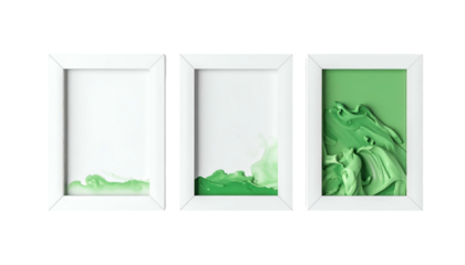 Triptych with white frames showcasing green paint progression on a white surface
