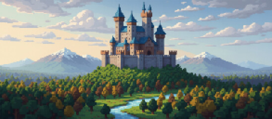 Majestic pixel art castle with blue spires atop a forested hill, overlooking an autumn valley with a winding river and distant mountains under a serene dusk sky