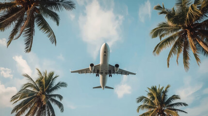 airplane flying over tropical palm trees