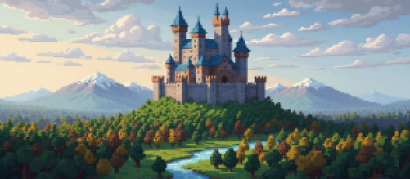 Majestic pixel art castle with blue spires atop a forested hill, overlooking an autumn valley with a winding river and distant mountains under a serene dusk sky