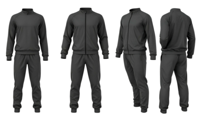 Four views of a gray tracksuit front, side, and back