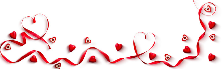 Romantic Red Hearts and Ribbons on White Background for Valentine's Day