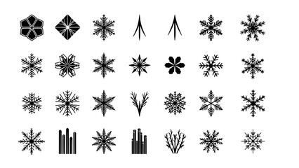 Diverse Collection of Geometric and Organic Snowflake Vector Icons for Winter Design Projects