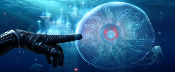 Futuristic robotic hand interacting with glowing human brain hologram