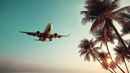airplane flying over tropical palm trees