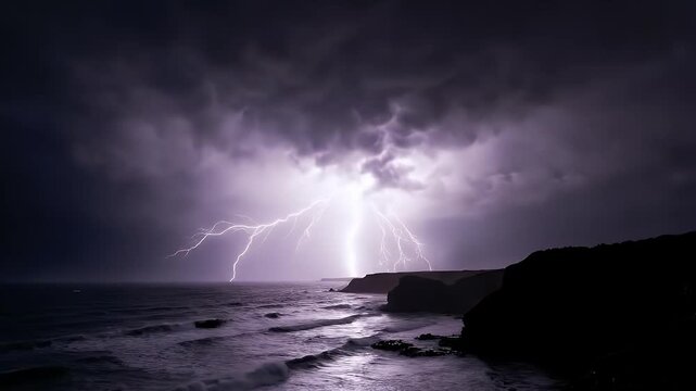 A powerful lightning storm illuminates a dark, dramatic coastline. Vivid bolts of electricity pierce through heavy, ominous clouds, casting an eerie, bright glow over the churning ocean waves and rugg