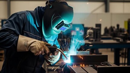 Skilled Worker Fabricating Steel Components in Industrial Workshop Environment