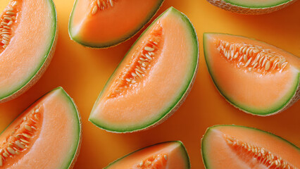 Cantaloupe melon slices on yellow orange background, perfect for summer food blogs, health articles, or vibrant designs and marketing.