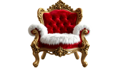 Ornate gold-framed red velvet throne with white fur trim, isolated on black