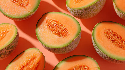 Multiple halved cantaloupes with orange flesh displayed on a vibrant orange surface. Suitable for food blogs, health articles, or summerthemed designs.