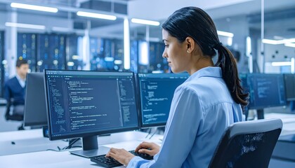 A woman working at a computer desk, focused on coding in a modern office environment